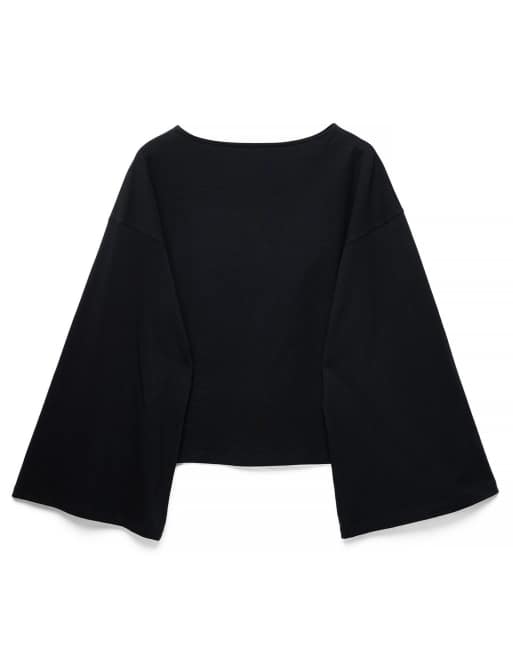 NA-KD Soft cotton wide sleeve jersey top in black, 5 of 5