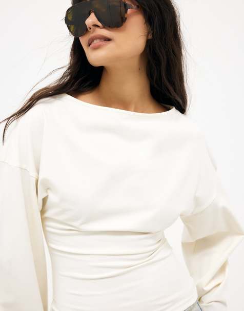 NA-KD Soft cotton wide sleeve jersey top in white - view 1
