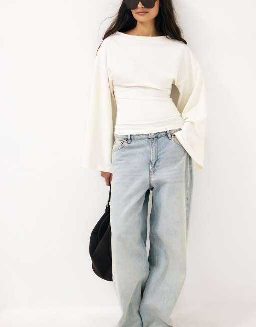 NA-KD Soft cotton wide sleeve jersey top in white, 3 of 5