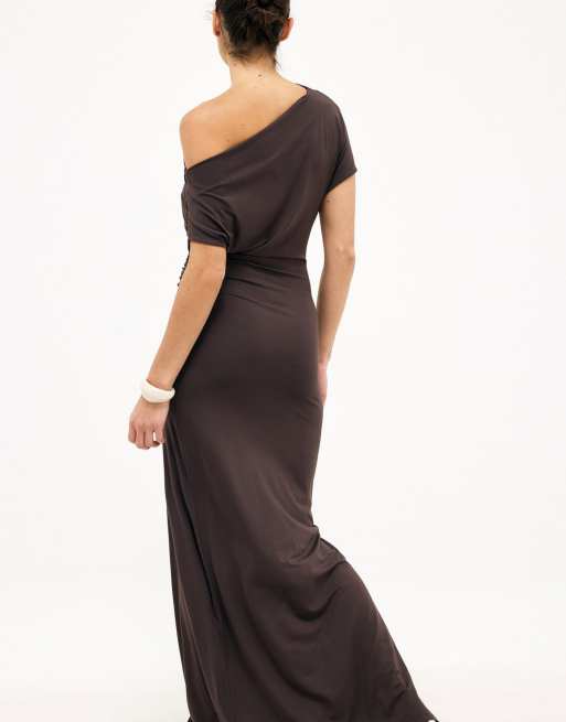 NA-KD Soft line draped maxi dress in dark brown | ASOS