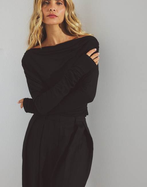 NA-KD Soft Line langärmliges Drapé-Top in Schwarz, 3 von 5