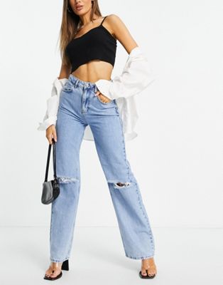 NA-KD soft rigid wide leg destroyed jeans in light blue - ASOS Price Checker