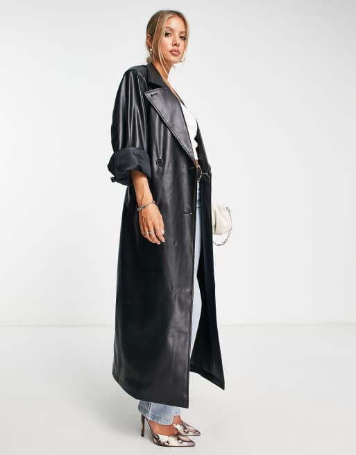 NA-KD Sort trenchcoat i imiteret læder ASOS