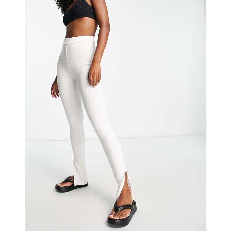 White High Waisted Knitted Split Hem Leggings