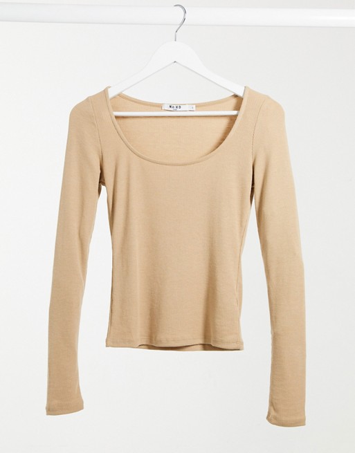 NA-KD square neck ribbed long sleeve top in beige