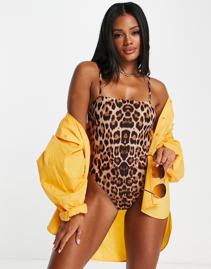NA-KD square neck strappy swimsuit in leopard print-Brown