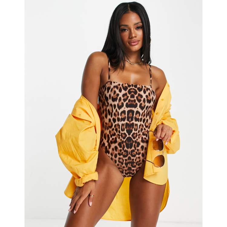 NA-KD square neck strappy swimsuit in leopard print