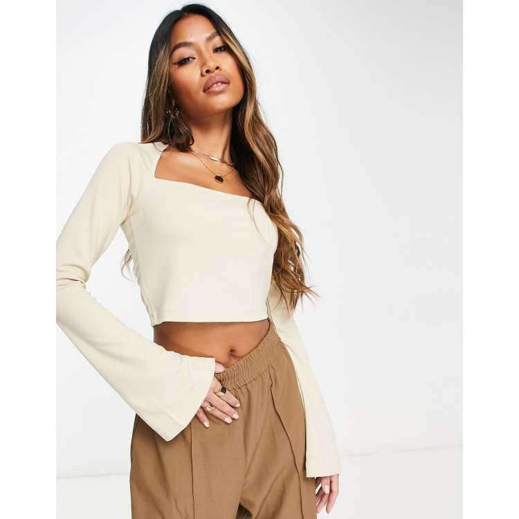 Beige Ribbed Top - Long Sleeve Top - Bustier Crop Top - Lulus