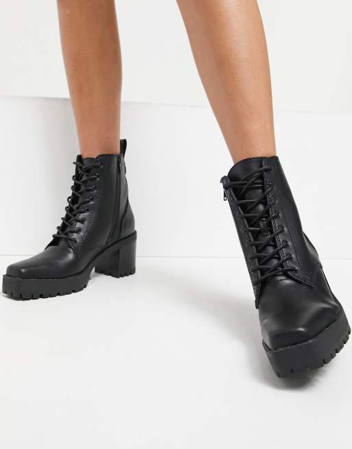 black square toe tie up heels