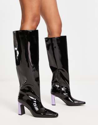 straight fit boots with contrast heel in patent black