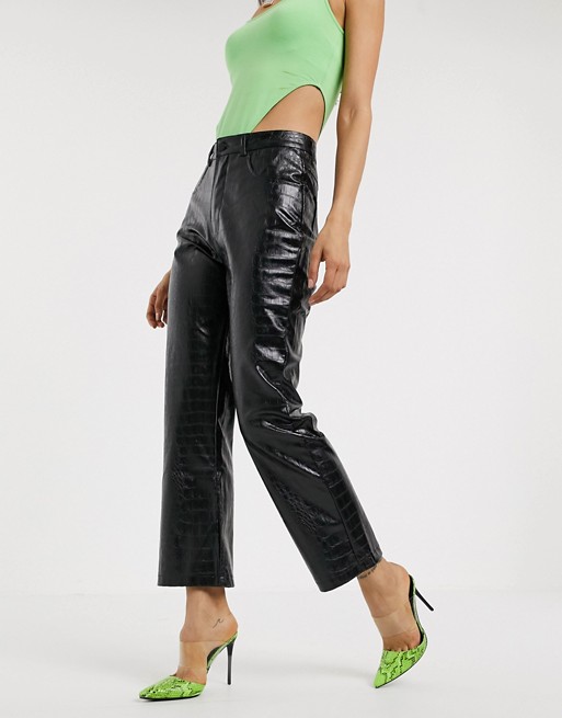 NA-KD straight leg faux leather croc print trousers in black