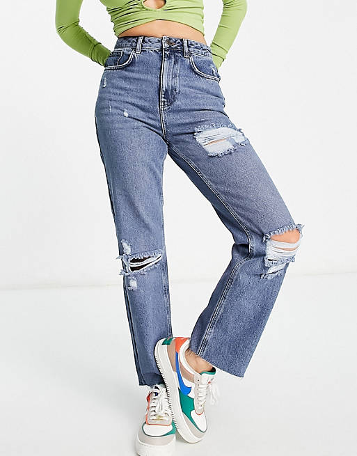 NA-KD straight leg ripped jeans in light blue | ASOS
