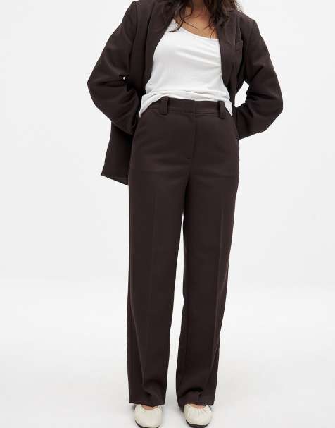 NA-KD Straight mid waist twill suit trouser in brown - view 1