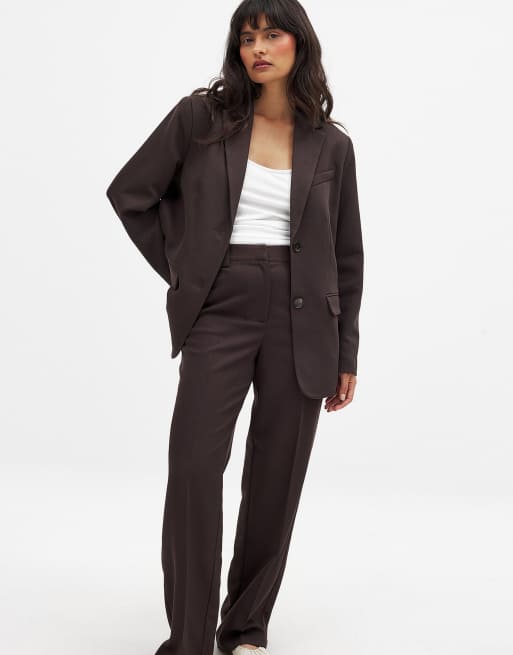 NA-KD Straight mid waist twill suit trouser in brown, 2 of 5