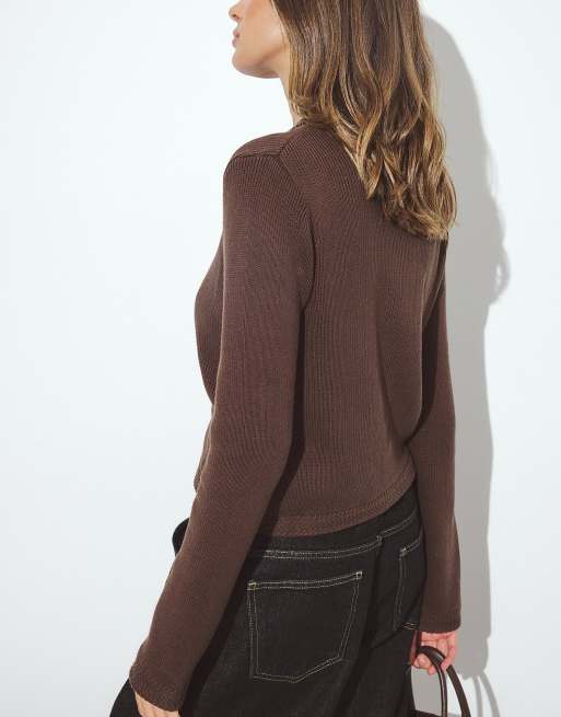 NA-KD Strickjacke mit Rundhalsausschnitt in Dunkelbraun, 2 von 5