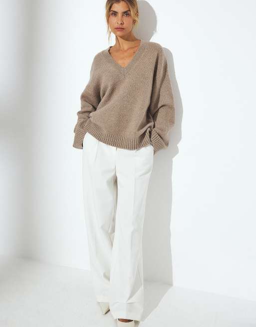 NA-KD Strickpullover mit V-Ausschnitt aus Wollmix in beigemeliert, 4 von 5