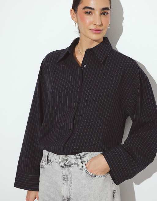 NA-KD Striped oversized shirt in navy stripe, 2 of 5
