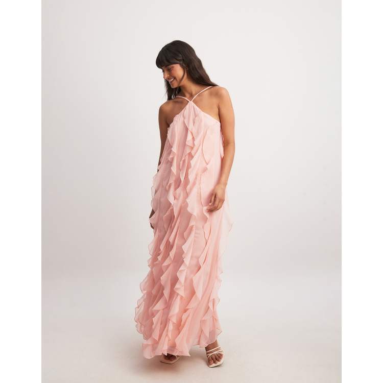 NA KD structured chiffon ruffle maxi dress in pink ASOS