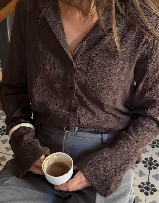 NA-KD Structured ls pocket shirt in brown, 5 of 5
