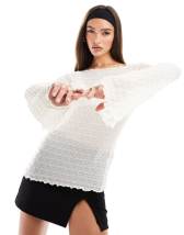 Monki ribbed boat neck long sleeve top with slits in off white | ASOS