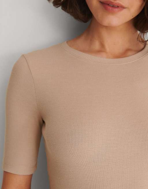 NA-KD - T-shirt ajusté à col rond en tissu côtelé - Beige, 2 de 4
