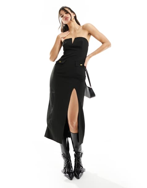 NA-KD tailored midi dress with thigh split in black - view 1