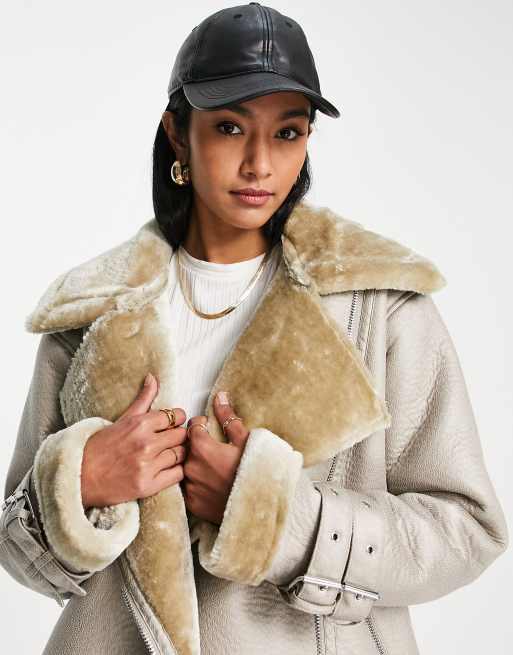 NA KD teddy biker jacket in beige