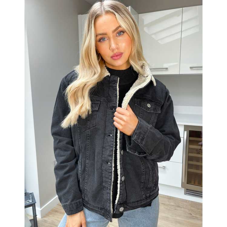 Black fur lined 2024 denim jacket womens