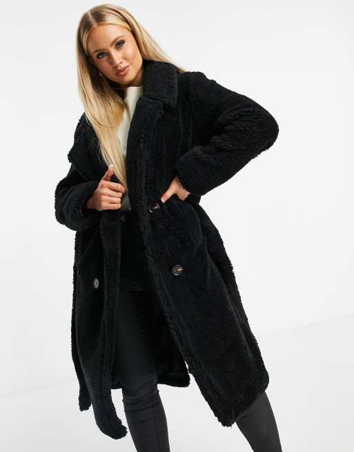 NA KD teddy long coat in black ASOS