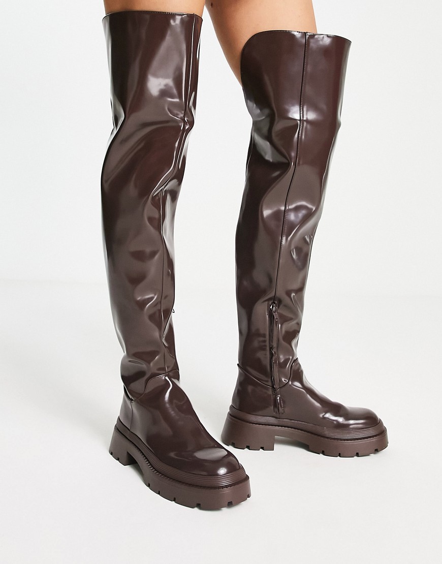 NA-KD thigh high chunky boots in brown