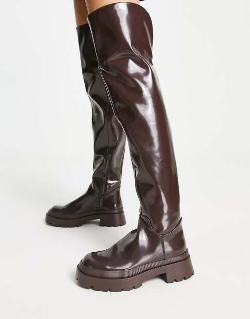 brown thigh high boots flat