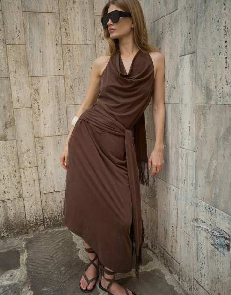 NA-KD Tie fringe slanted modal skirt in brown - view 1