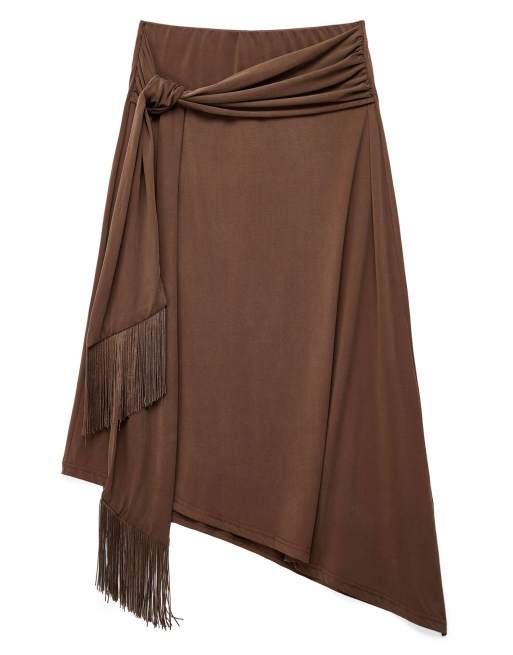 NA-KD Tie fringe slanted modal skirt in brown, 5 of 5