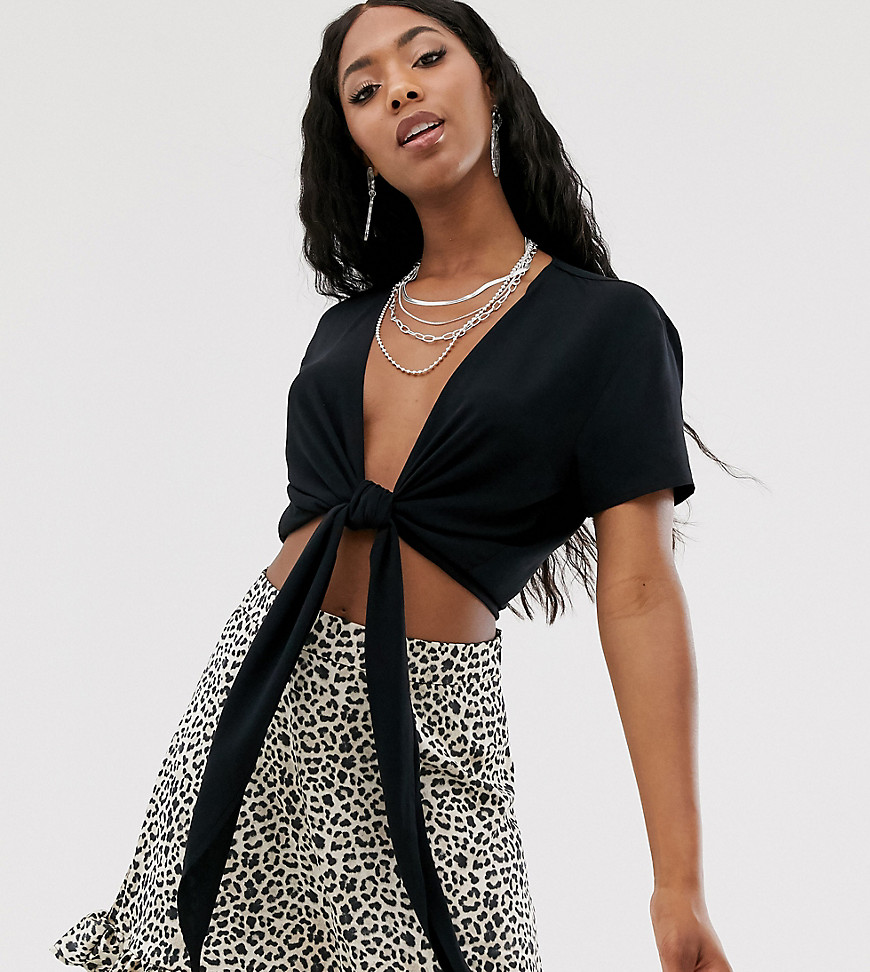 NA-KD tie front short sleeve cropped blouse in black