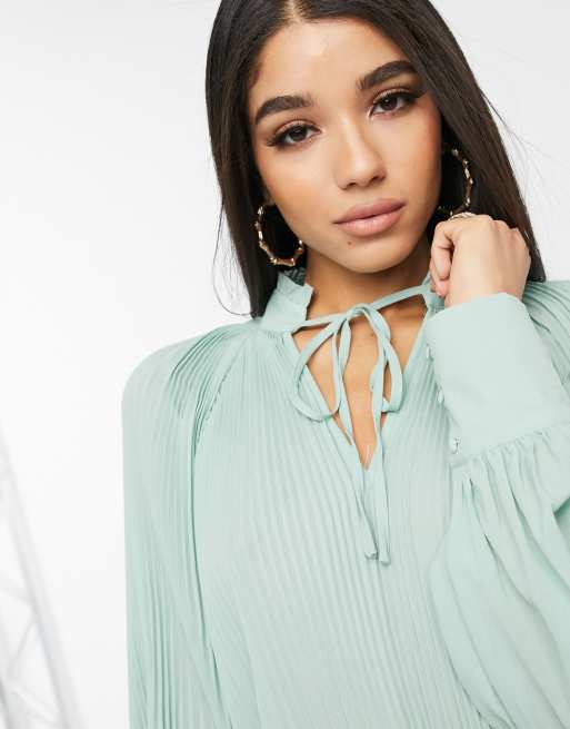 NA-KD tie neck pleated midi dress in mint green | ASOS