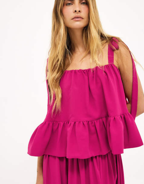 NA-KD Tie shoulder ruffle top in fuchsia pink - view 1