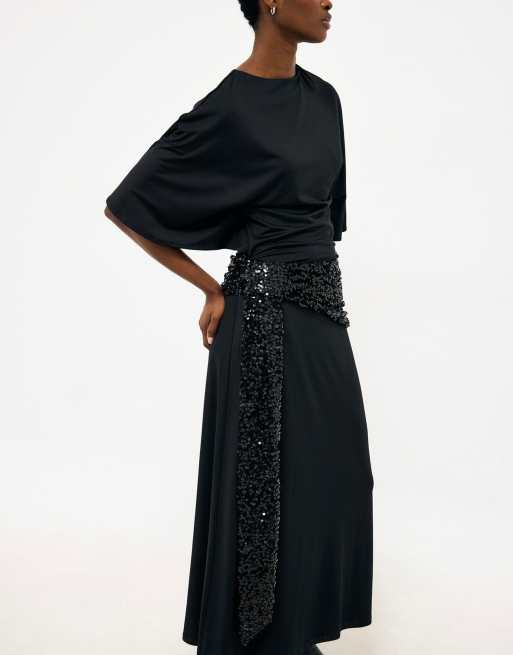 NA-KD Tie waist sequin dress in black, 3 of 5