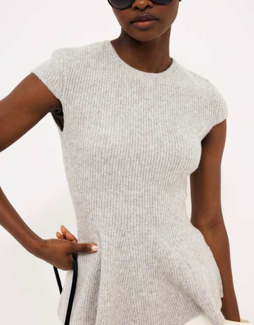 NA-KD Top à basque en maille côtelée, mélange de laine, gris, 2 de 5