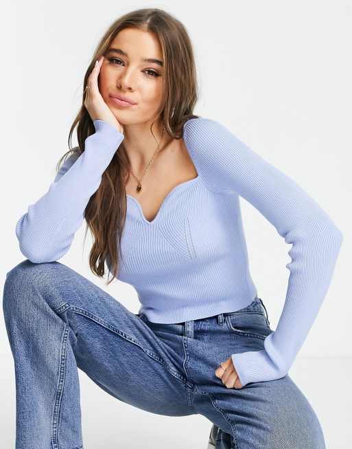 NA-KD - Top a maniche lunghe in maglia a coste, colore blu