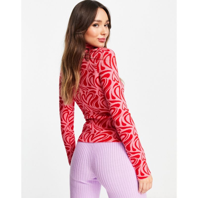Donna QibIX NA-KD - Top dolcevita in maglia rosso con stampa di cuori