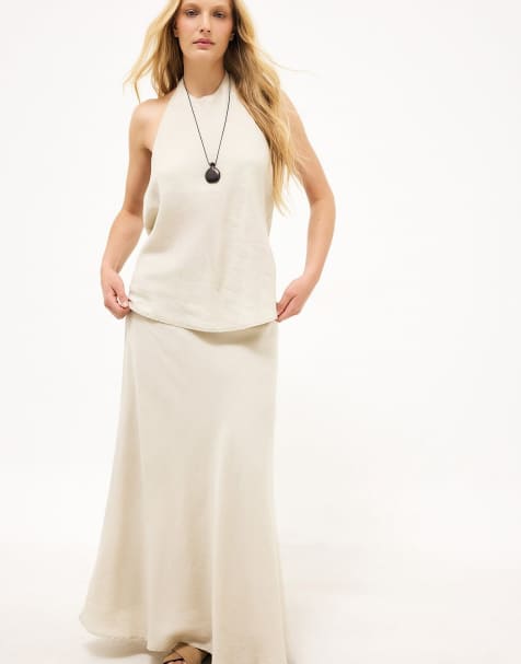 NA-KD Top mit Neckholder aus Leinen-Lyocell-Mix in Hellbeige - view 1