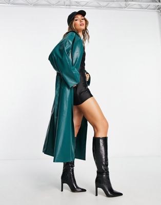 NA-KD - Trench-coat oversize en imitation cuir - Vert | ASOS