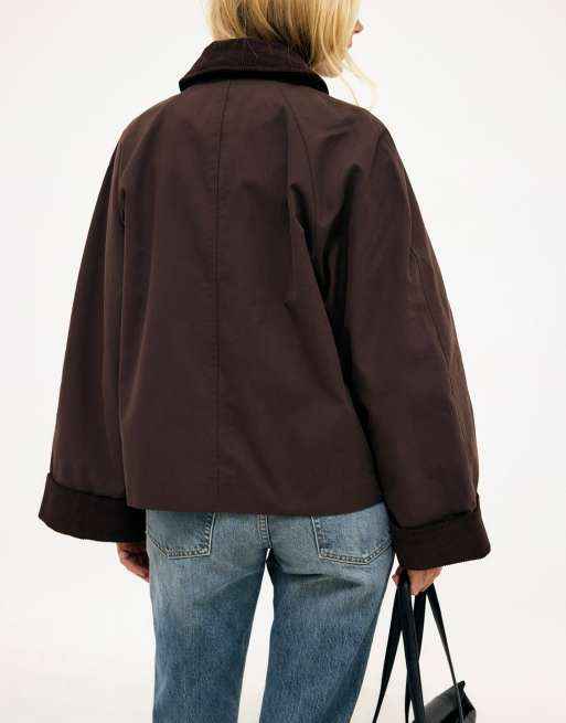 NA-KD Trenchcoat kurz mit Cordkragen in Braun, 2 von 5