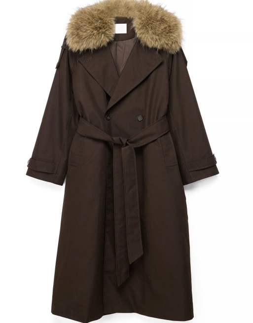 NA-KD Trenchcoat mit Faux-Fur-Detail in Dunkelbraun, 5 von 5