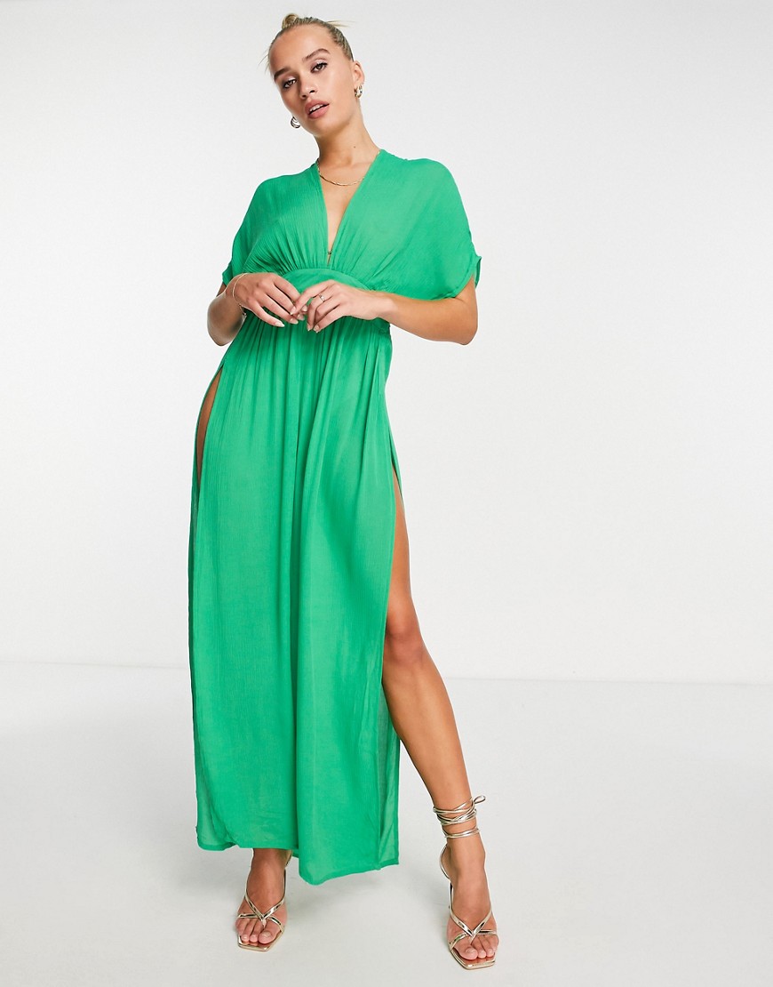 NA-KD v neck maxi dress with slit in green