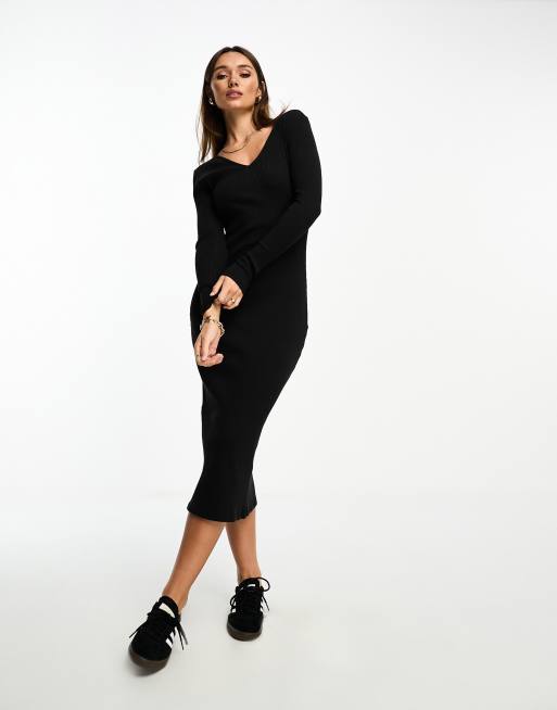 V neck 2025 ribbed midi dress