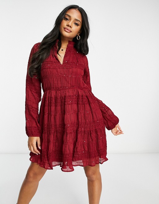 NA-KD v neck tiered sequin detail mini dress in red