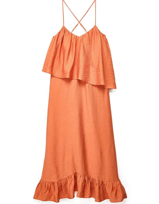 NA-KD V neck volume strap midi dress in peach, 4 of 5