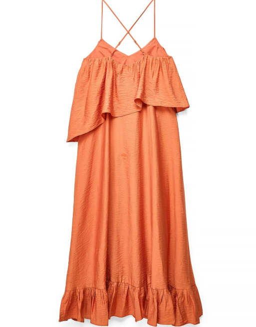 NA-KD V neck volume strap midi dress in peach, 5 of 5