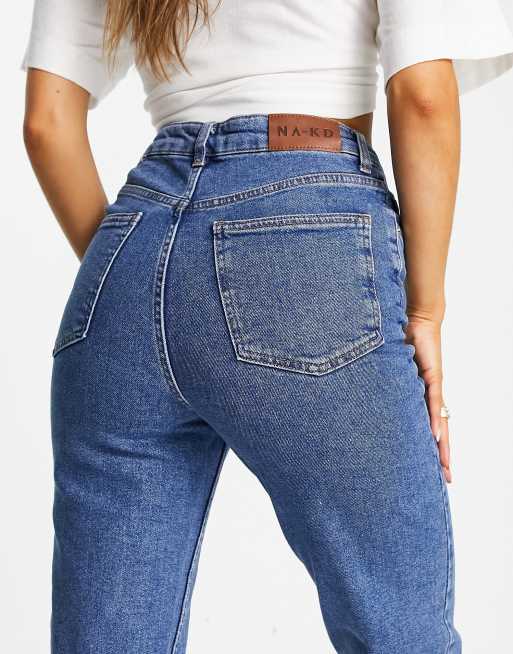 NA-KD v-shaped waist straight denim jeans in mid blue